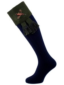 The Lomond Shooting Socks with Pheasant Embroidery, Navy & Spruce