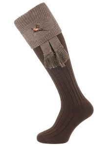 The Lomond Shooting Sock with Pheasant Embroidery - Dark Natural & Bison