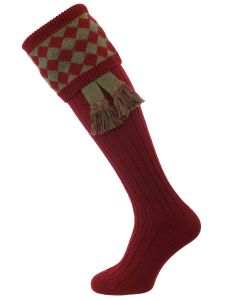 The Chessboard Shooting Sock, Burgundy with optional Bracken and Burgundy Garter