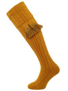 The Wye Cable Knit, Wide Calf Shooting Sock, Gold with optional garter