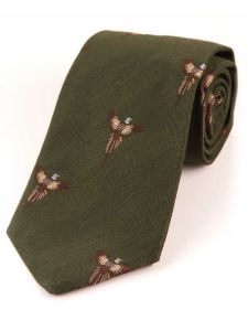 Atkinsons 'Soaring Pheasant' Wool & Silk, Woven Shooting Tie- Dark Olive