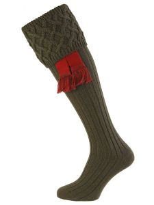The Rannoch Lattice Knit Shooting Sock in Spruce with optional Brick Red garter