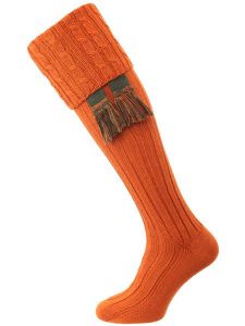 The Harris Wide Calf Shooting Sock, Burnt Orange with optional Spruce garter