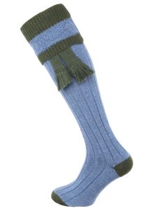 The Willersley Shooting Sock, Periwinkle Blue & Olive with Optional Garter